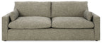 Gray fabric sofa with two seat cushions, straight back, and wide armrests.