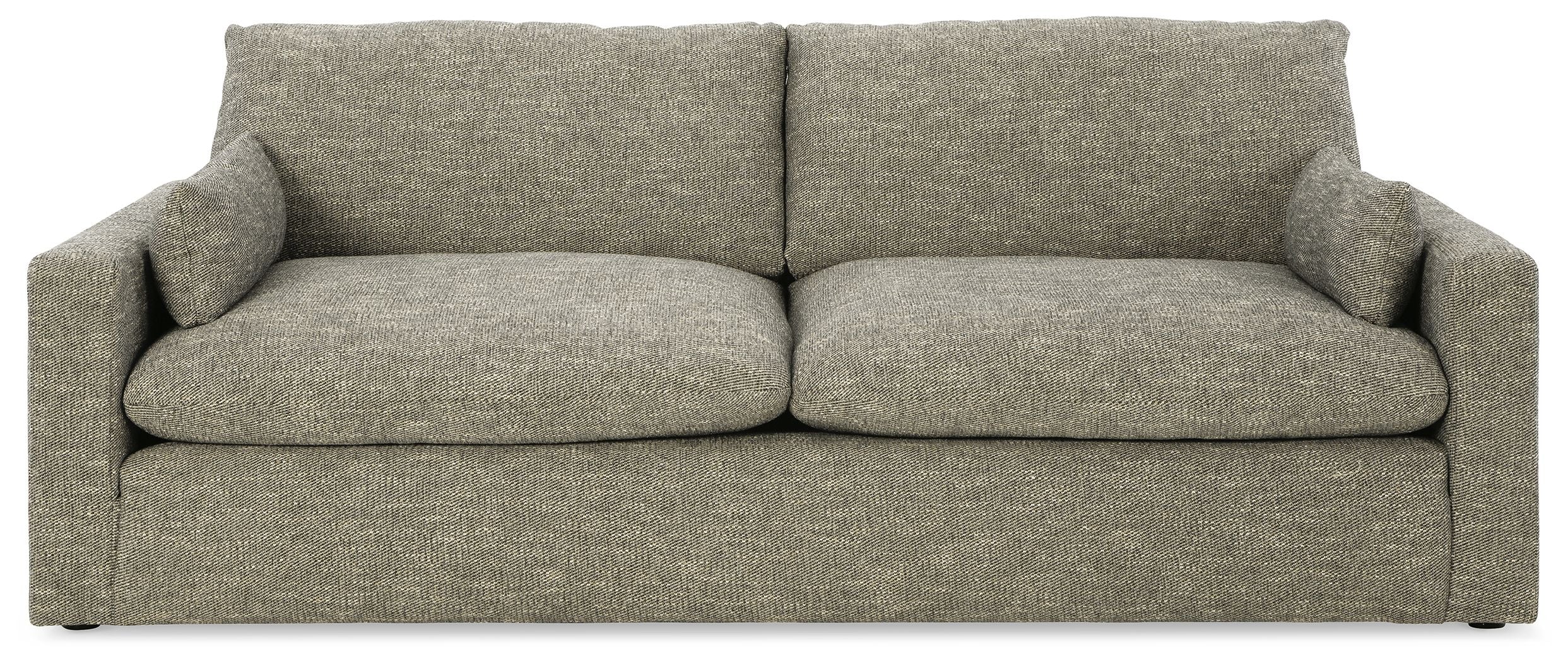 Gray fabric sofa with two seat cushions, straight back, and wide armrests.