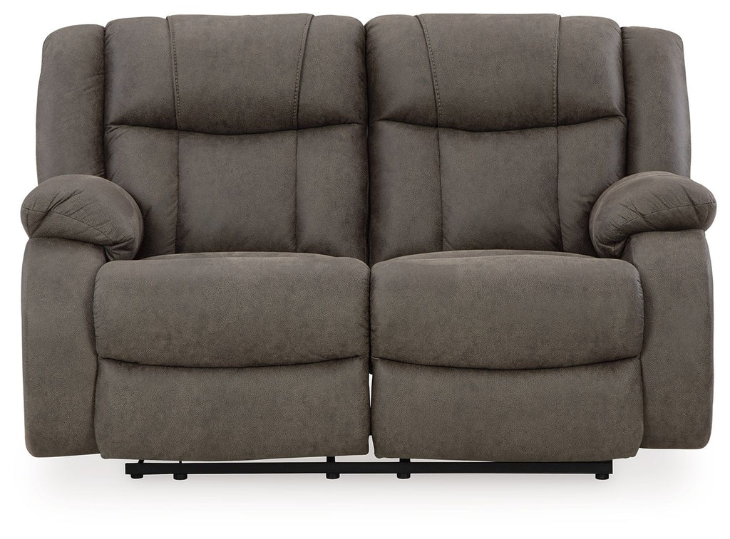 Gunmetal reclining loveseat with padded arms, two seat cushions, front view