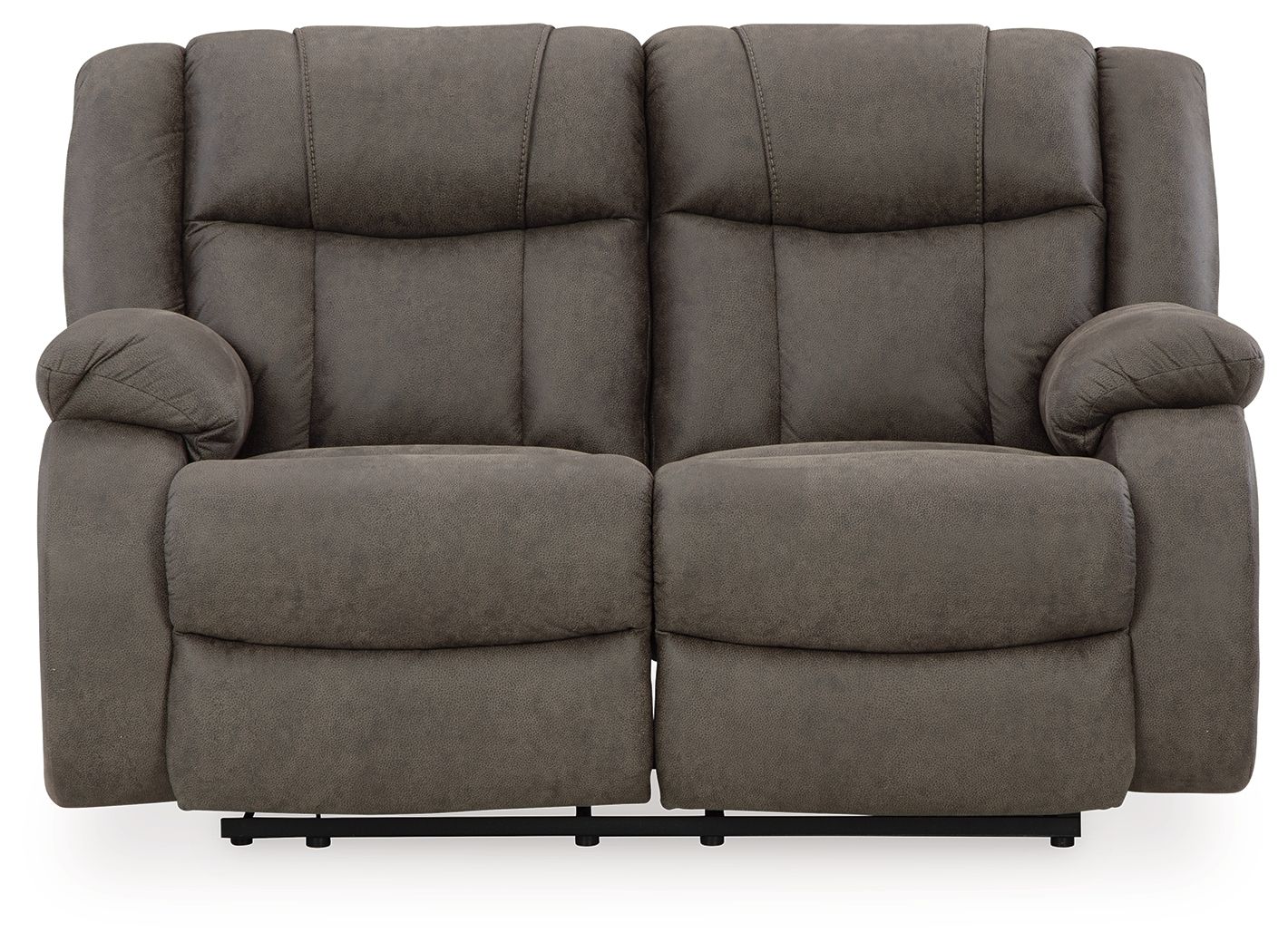 Gunmetal reclining loveseat with padded arms, two seat cushions, front view