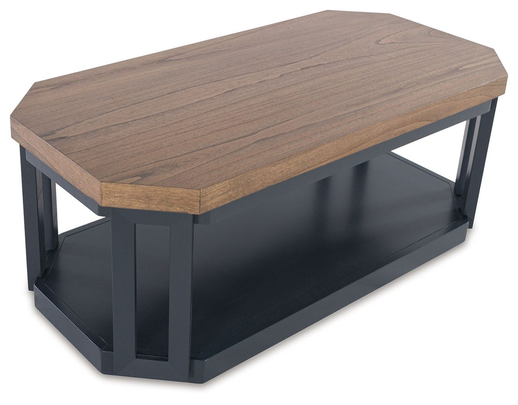 Occasional coffee table with wood top and dark metal frame, open lower shelf