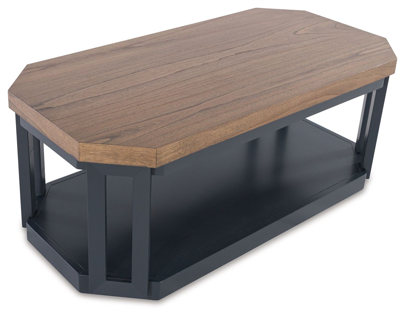 Occasional coffee table with wood top and dark metal frame, open lower shelf