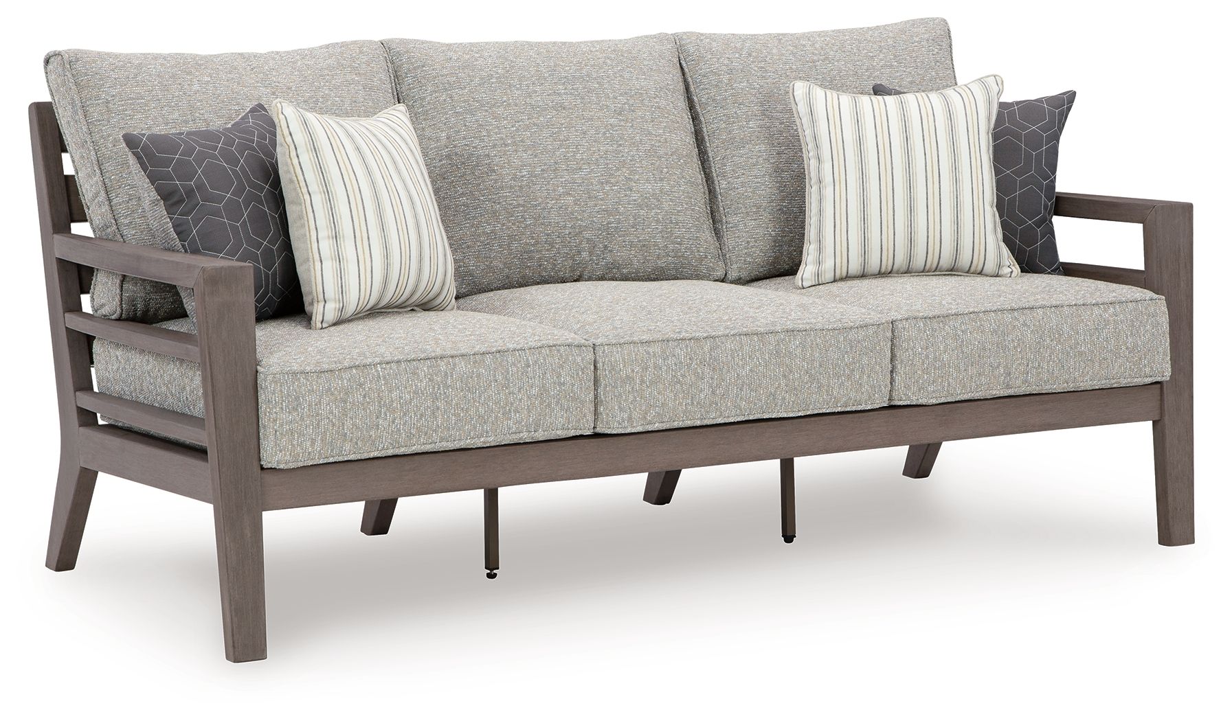 Gray outdoor sofa with three back cushions and two striped throw pillows