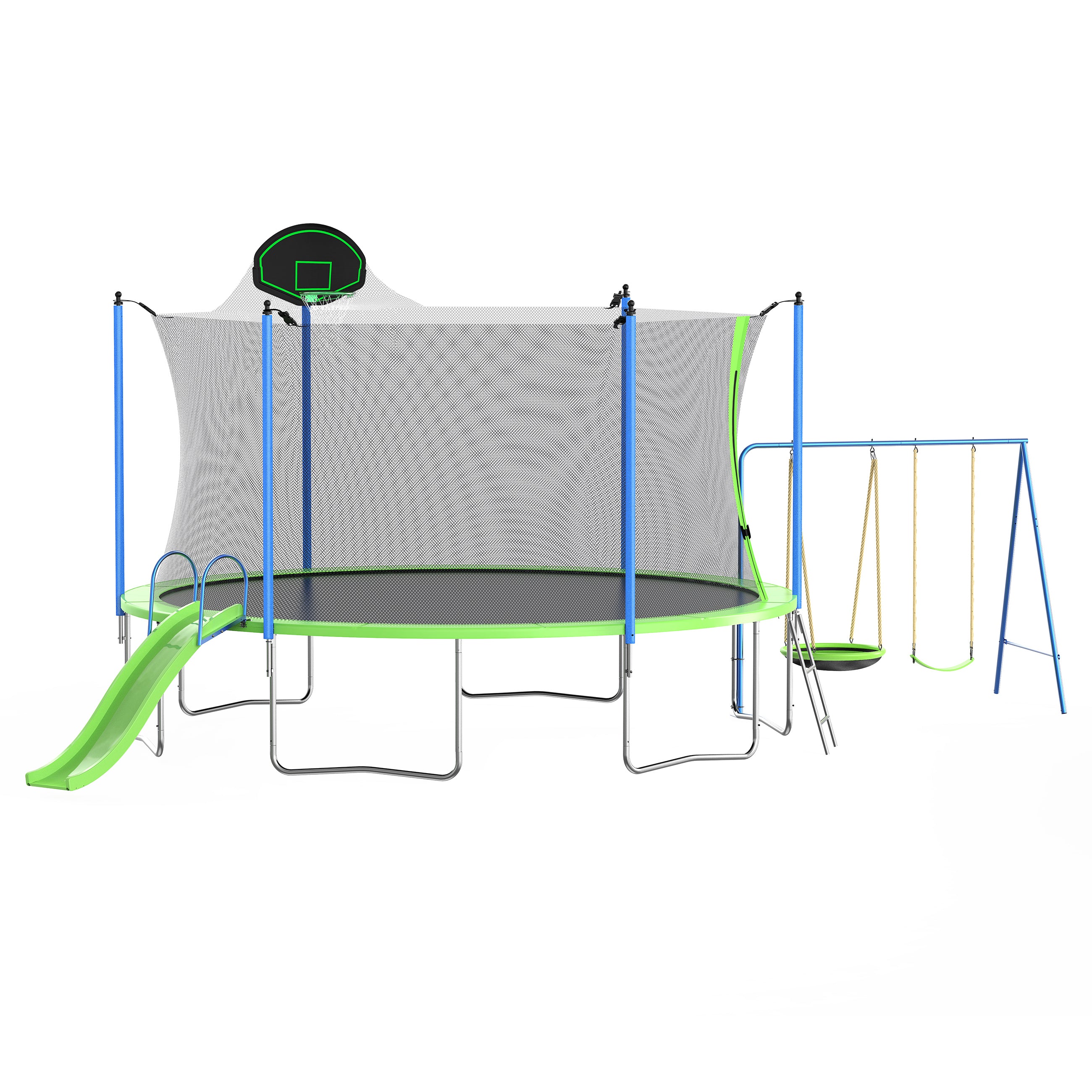 14FT Trampoline with Slide, Swings, and Basketball Hoop | ASTM Approved Large Recreational Outdoor Backyard Trampoline with Net and Ladder | Fun for Kids and Adults