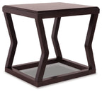 Espresso rectangular end table with dark wood top, lower shelf, tapered legs