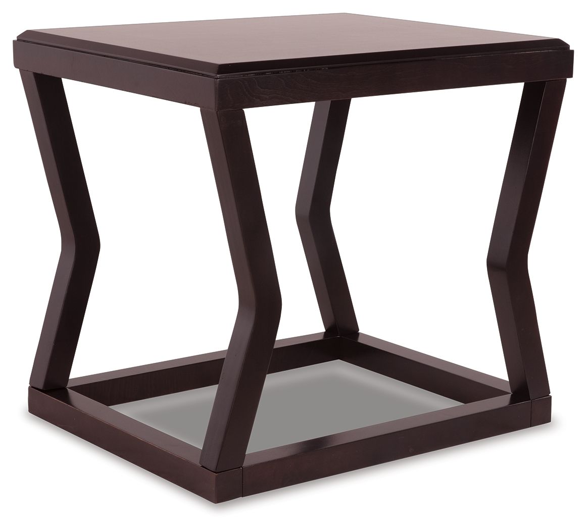 Espresso rectangular end table with dark wood top, lower shelf, tapered legs