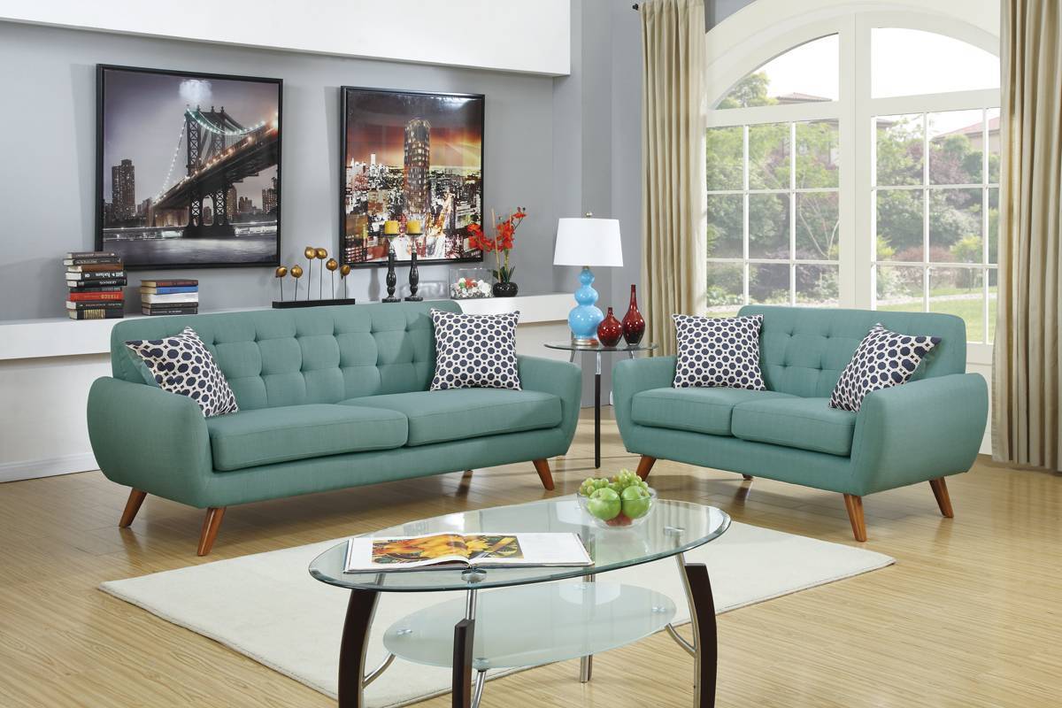 Green Polyfiber Sofa Set - Tufted Style, 2 Pieces