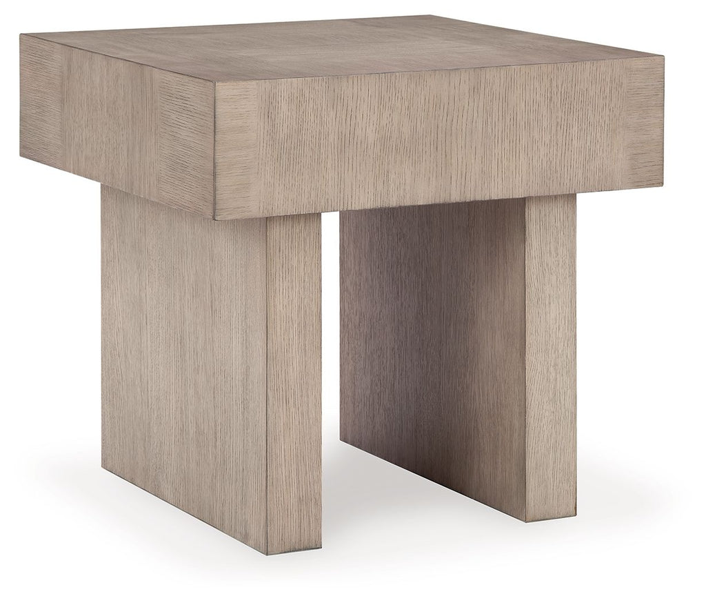 Square end table in light grayish brown, angled view showing tabletop and legs.