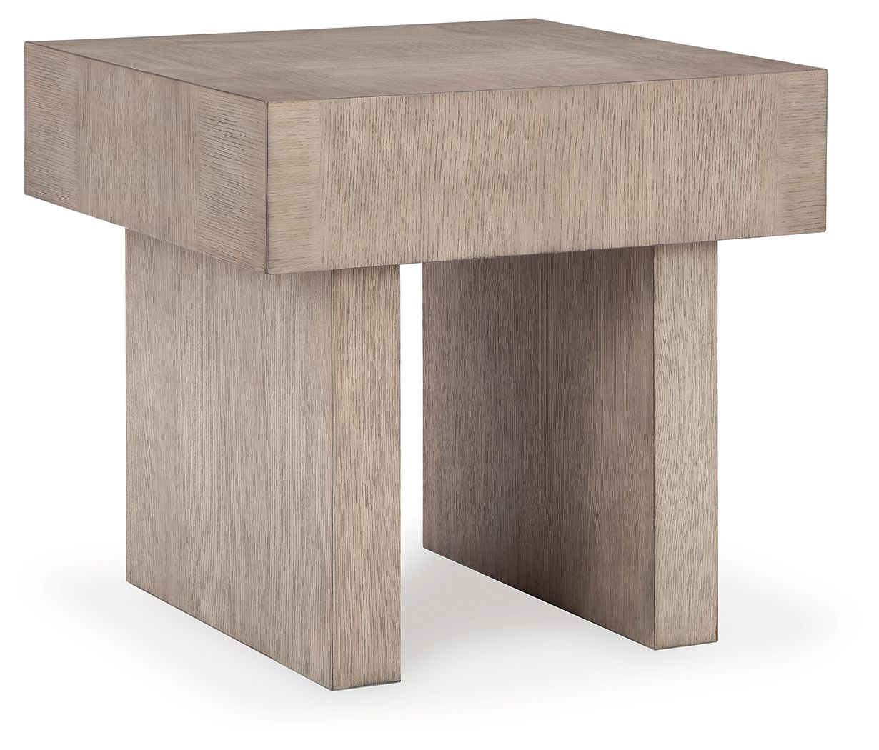 Square end table in light grayish brown, angled view showing tabletop and legs.