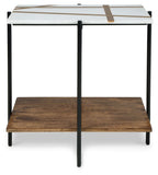 Accent table with white tabletop, brown trim stripe, dark legs, and two wooden shelves.