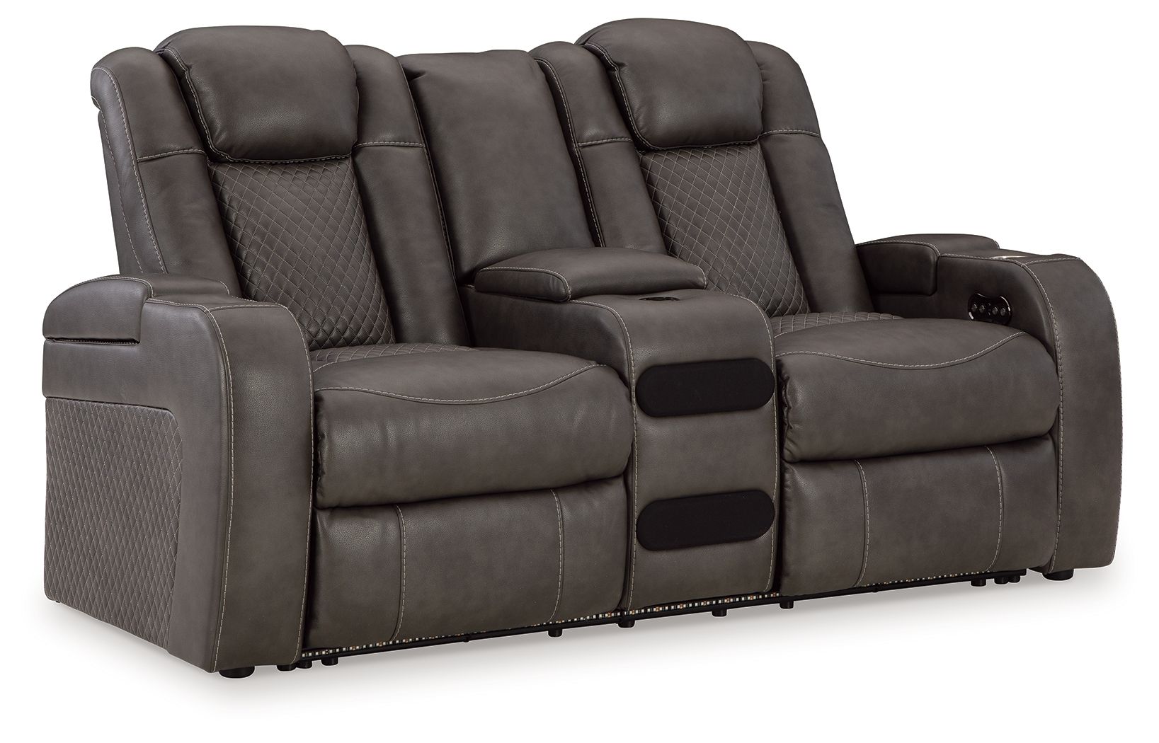 Dark gray power reclining loveseat with center console and tall padded headrests