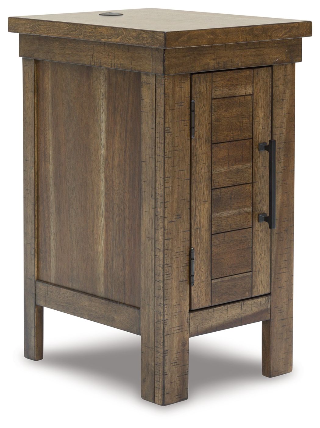 Gray-brown chair side end table with cabinet door and small round top insert