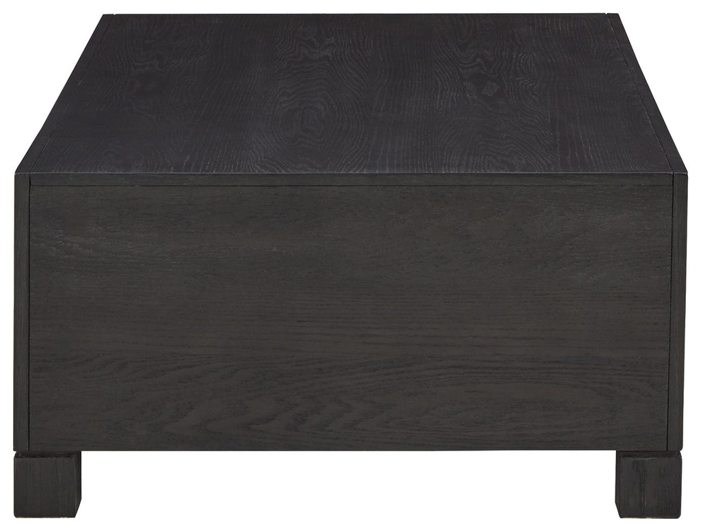 Dark wood cocktail table cabinet with flat top, side panels, and corner posts