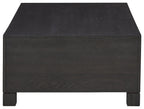 Dark wood cocktail table cabinet with flat top, side panels, and corner posts