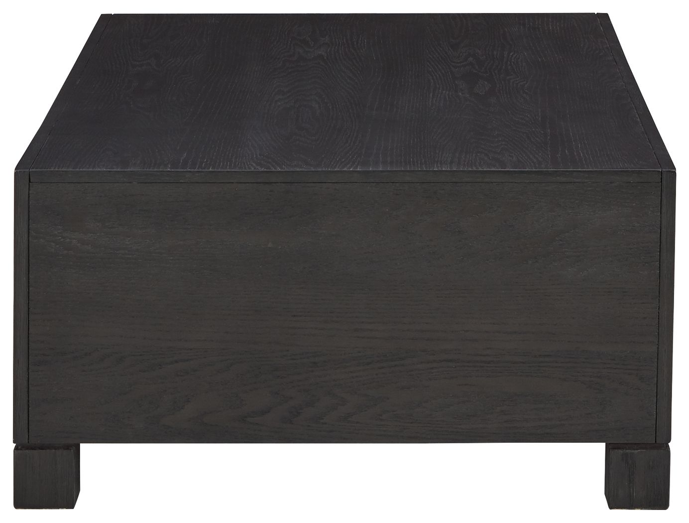 Dark wood cocktail table cabinet with flat top, side panels, and corner posts