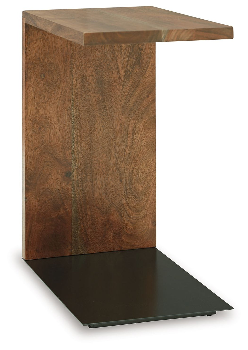 Brown wood accent table with dark metal base plate and square tabletop.