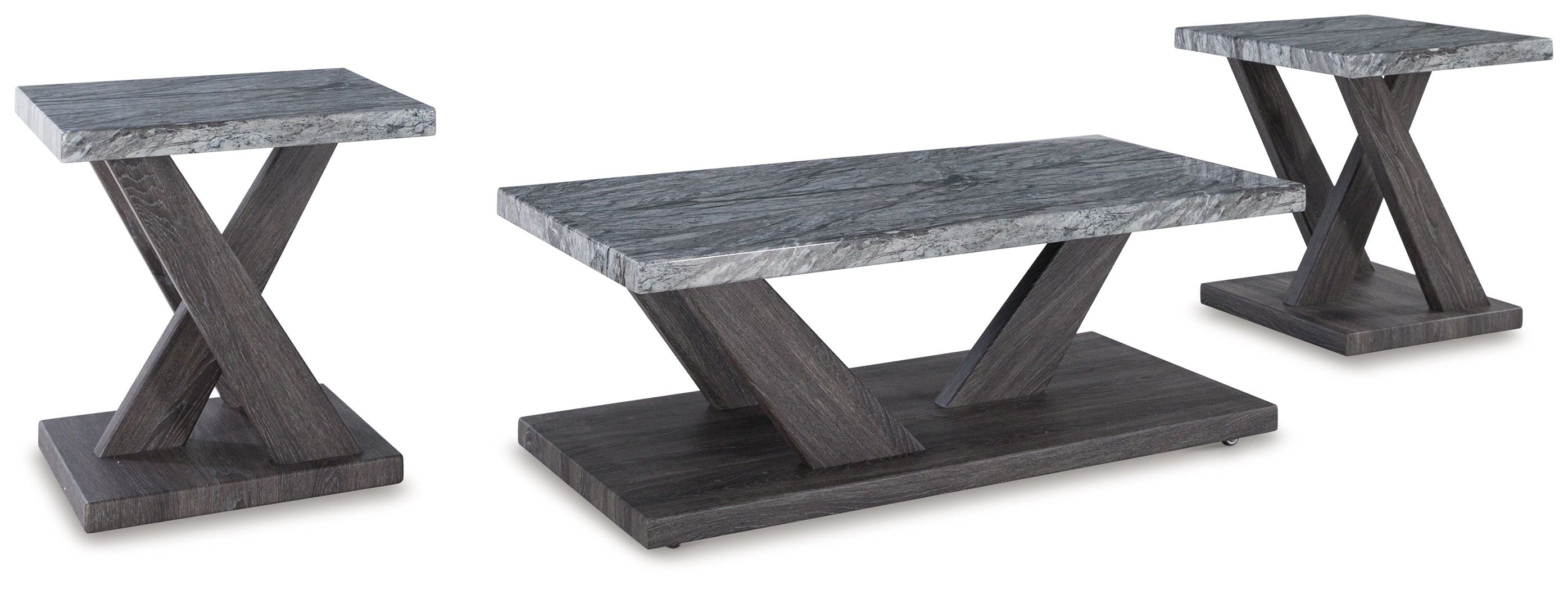 Set of 3 occasional tables with gray stone tops and dark gray X-legs