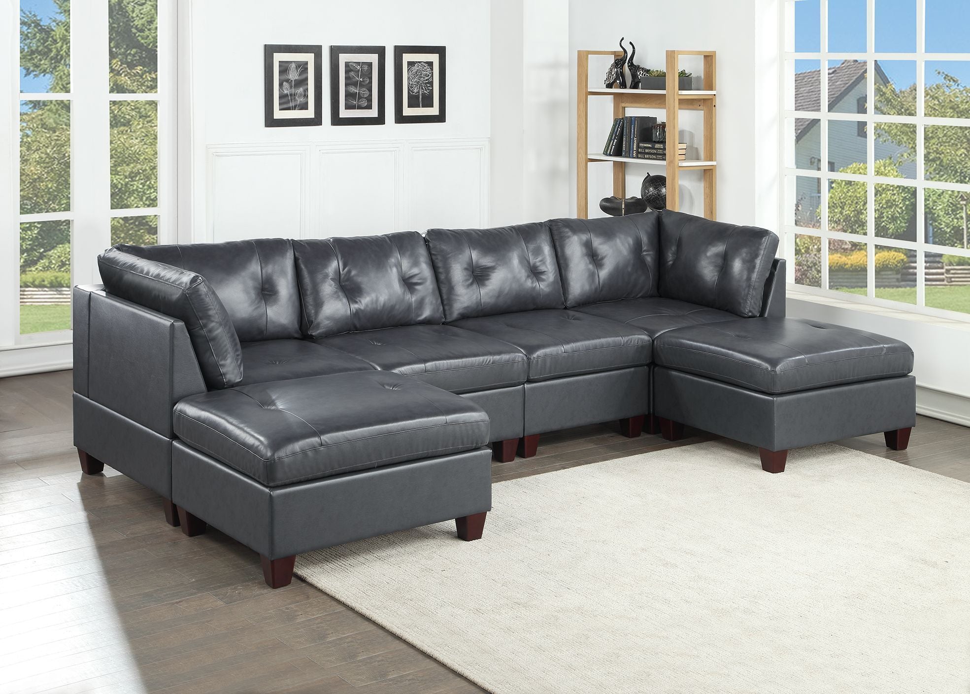Black Leather 6pc Sectional w/ Ottomans