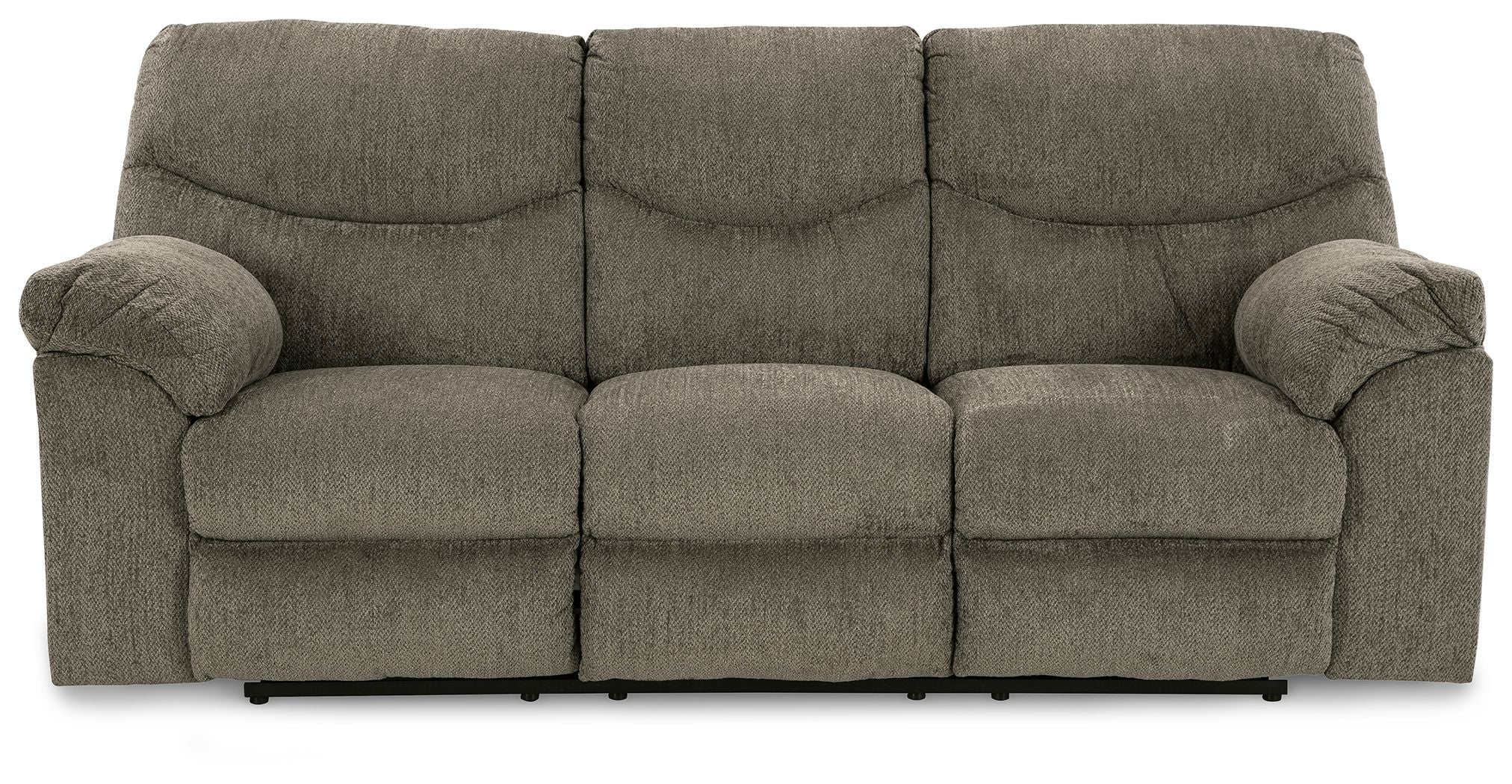 Reclining sofa in textured dark gray fabric with three seat sections and rolled armrests.