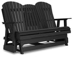 Black outdoor glider loveseat with curved slat back and matching armrests