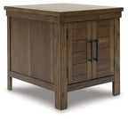 Rectangular end table with grayish-brown cabinet doors and side panels