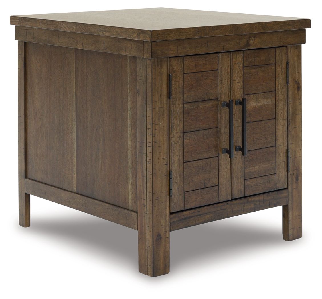 Rectangular end table with grayish-brown cabinet doors and side panels