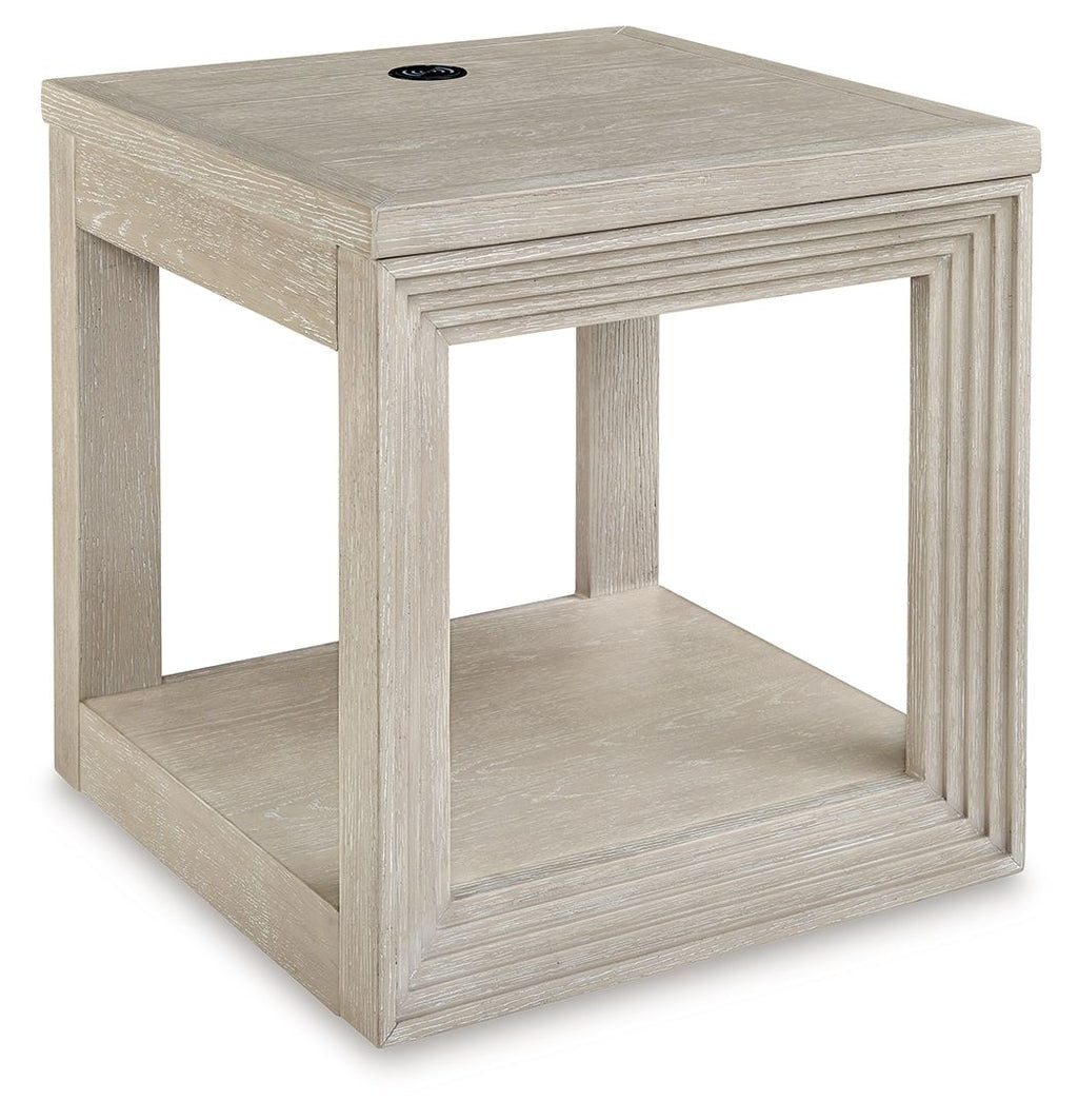 Square end table in light bisque wood with open lower shelf and black top knob