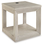 Square end table in light bisque wood with open lower shelf and black top knob