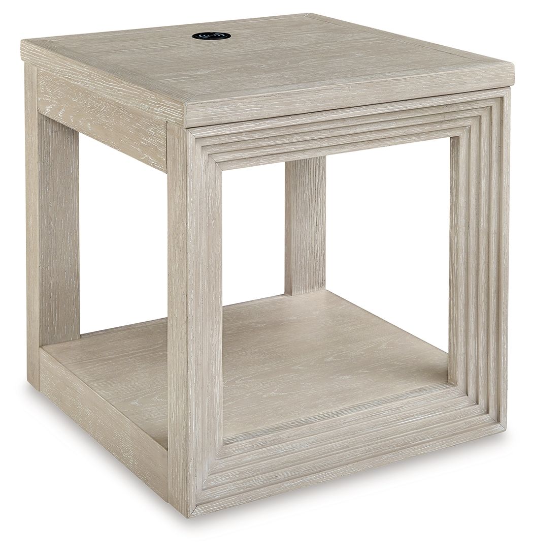Square end table in light bisque wood with open lower shelf and black top knob