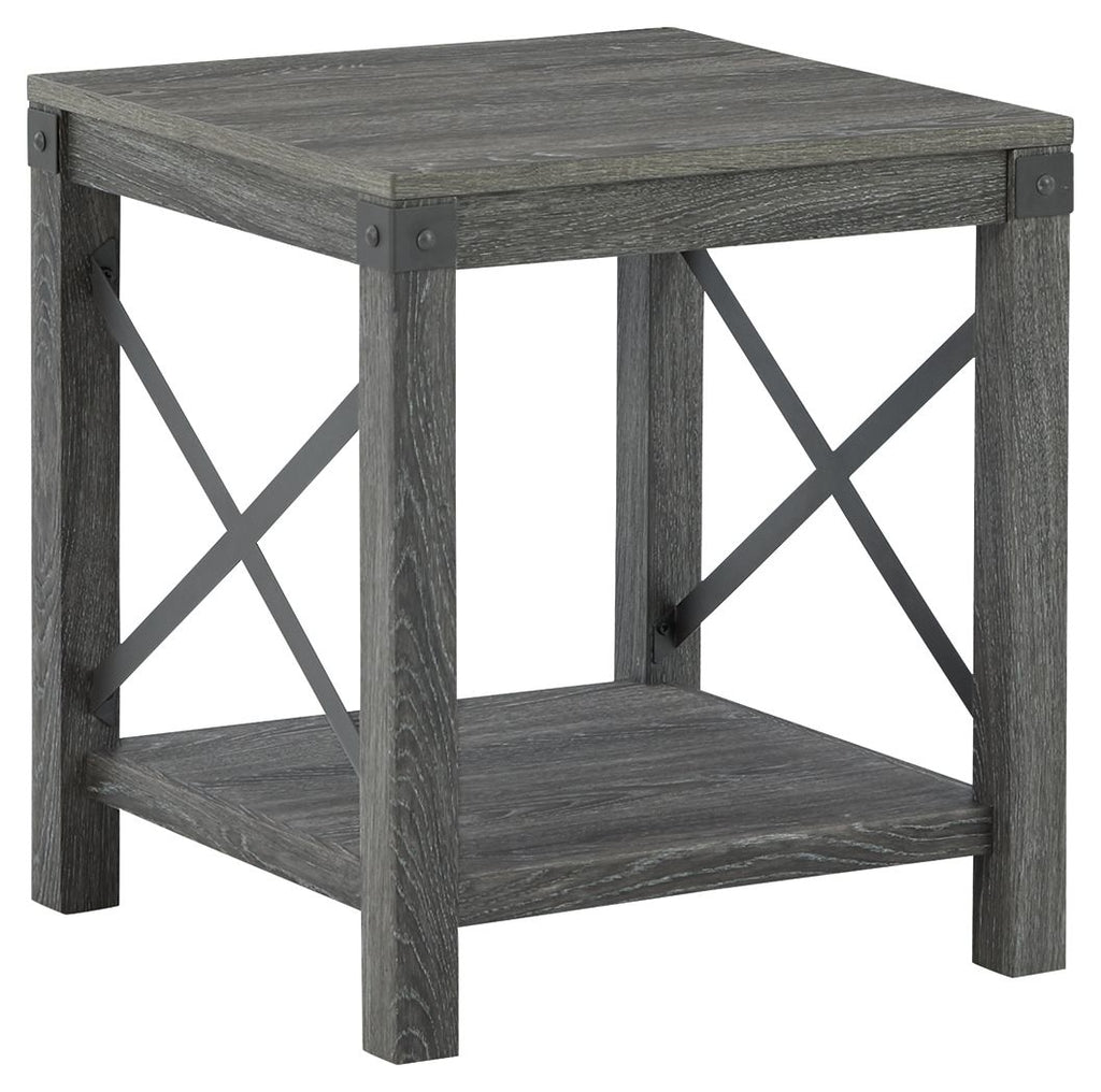 Square end table with grayish brown wood grain top and X-stretcher sides