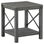 Square end table with grayish brown wood grain top and X-stretcher sides