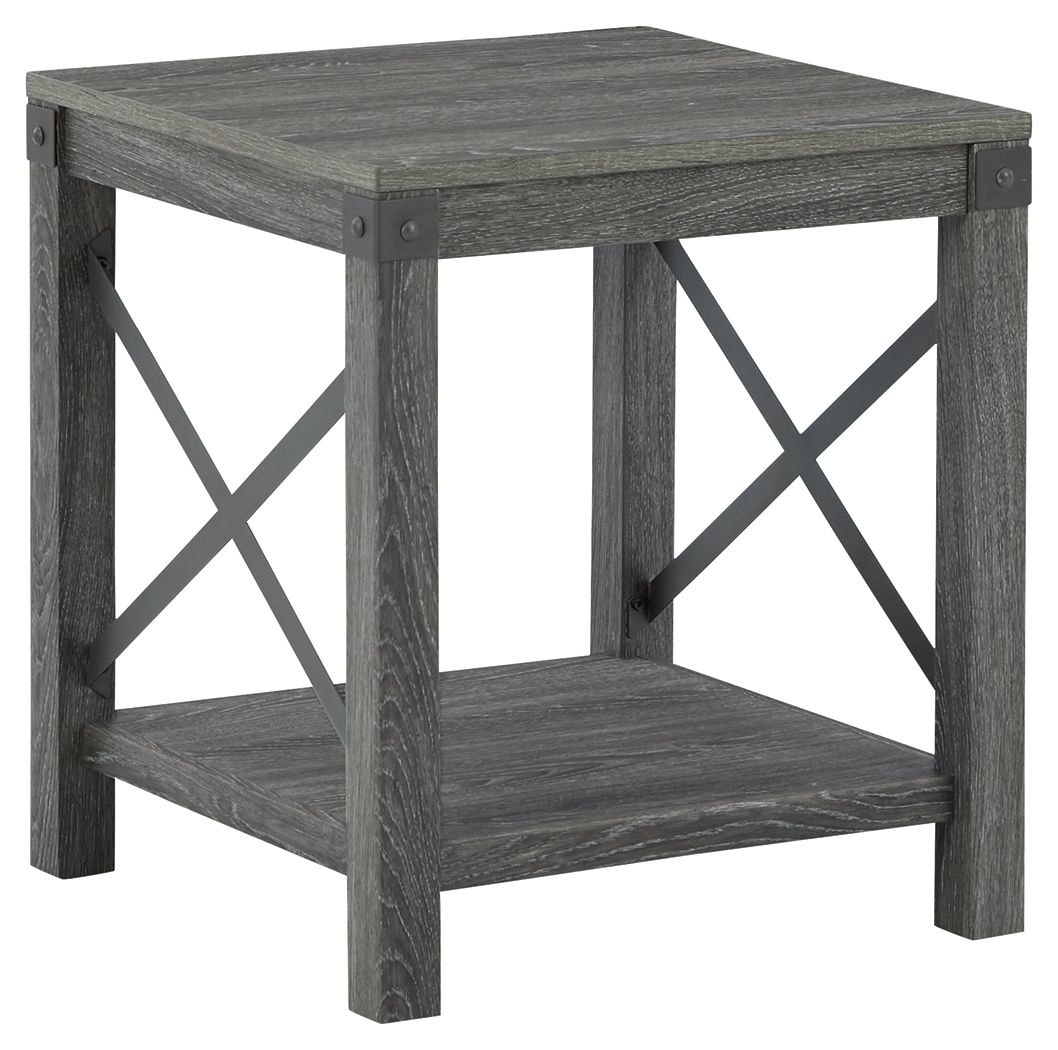 Square end table with grayish brown wood grain top and X-stretcher sides