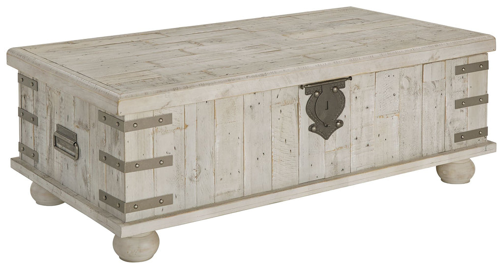 Whitewashed gray lift-top cocktail table with metal corner brackets and latch