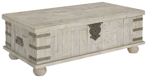 Whitewashed gray lift-top cocktail table with metal corner brackets and latch