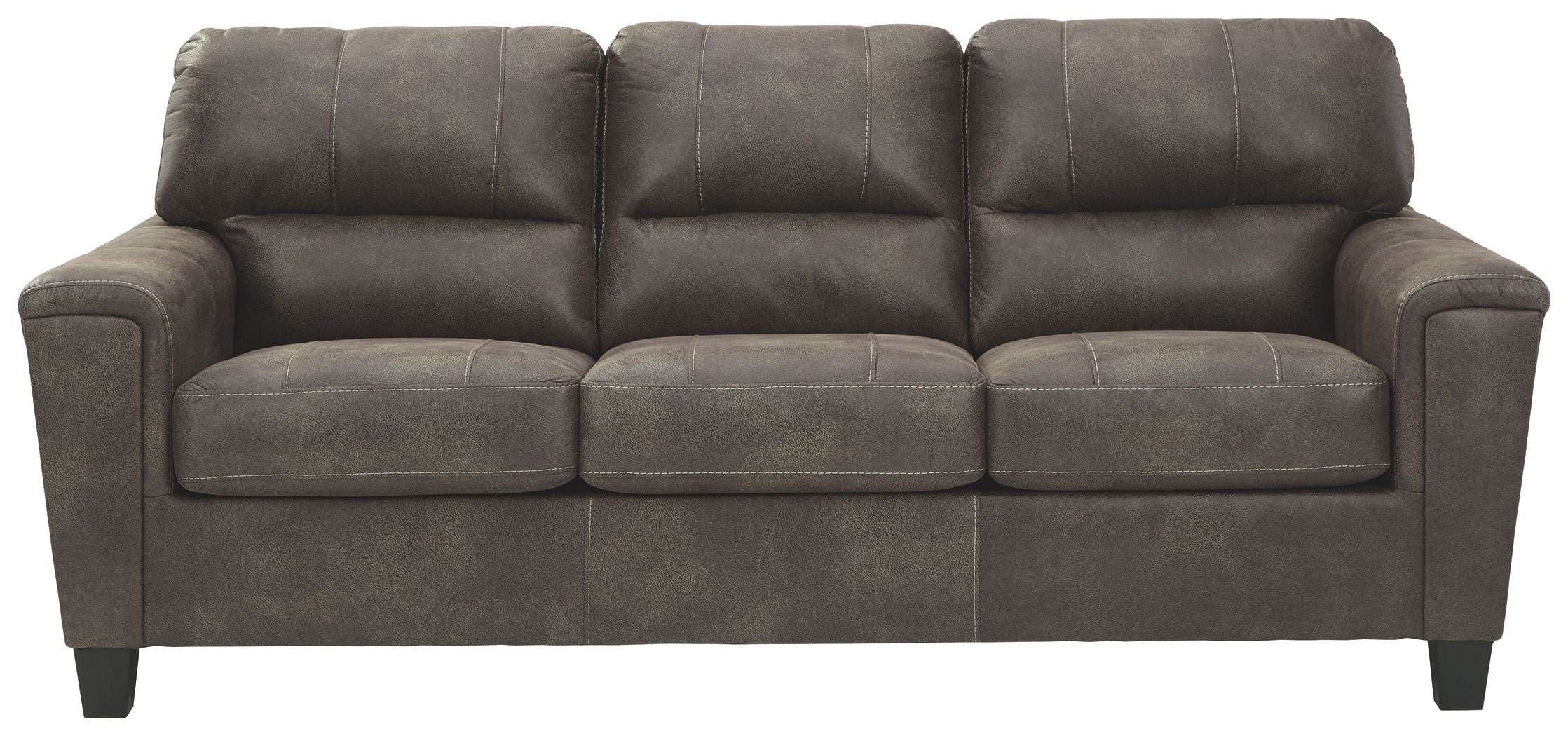 Smoke gray stationary sofa with tufted back, boxed arms, and three seat cushions