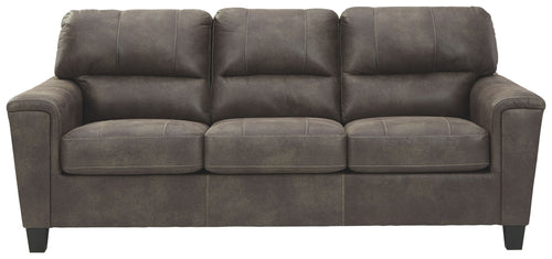 Smoke gray stationary sofa with tufted back, boxed arms, and three seat cushions