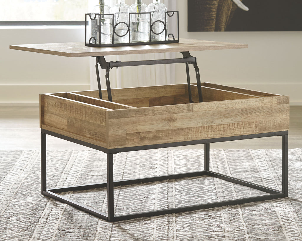 Lift-top cocktail table in light wood with open interior and black metal legs