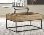 Lift-top cocktail table in light wood with open interior and black metal legs