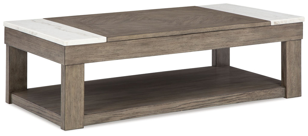 Grayish brown lift-top cocktail table with white top panels and lower shelf