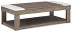 Grayish brown lift-top cocktail table with white top panels and lower shelf
