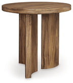 Warm brown round end table with circular top and split pedestal legs