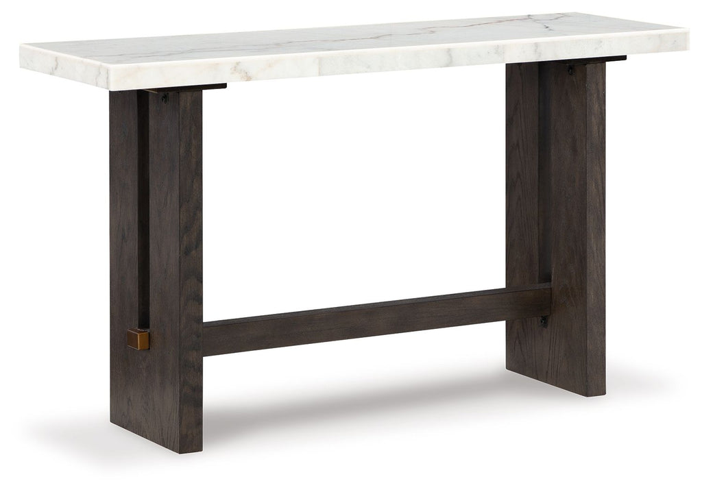 White marble sofa table with dark brown wood legs and open apron frame