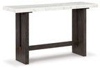 White marble sofa table with dark brown wood legs and open apron frame