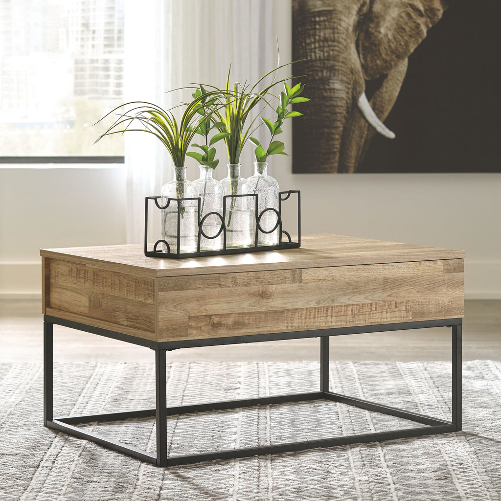 Lift-top cocktail table with light wood drawer-style top and black metal base