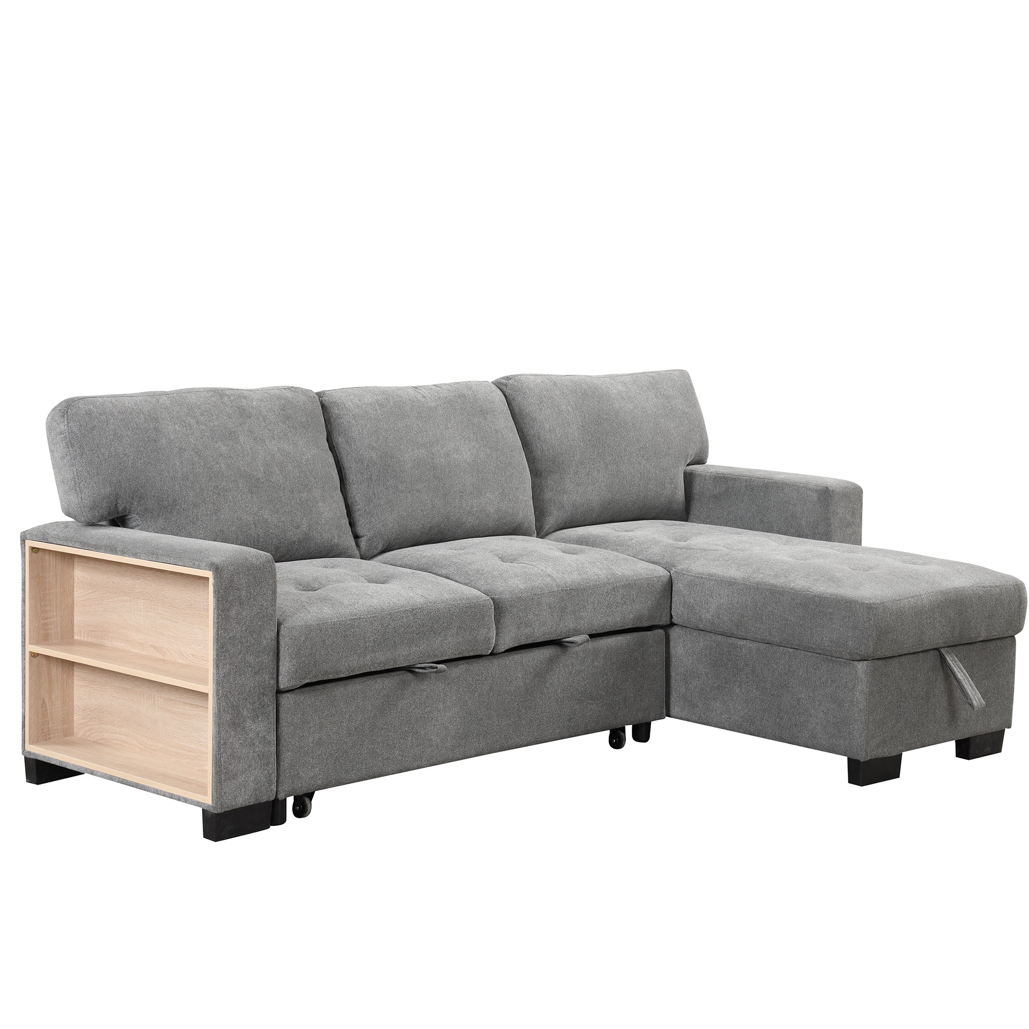 Stylish and Functional Light Chaise Lounge Sectional with Storage Rack, Pull-out Bed, Drop Down Table, and USB Charger | Gray | Ideal Addition to Your Living Space