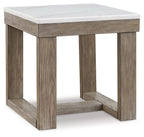 Square end table with white marble-look top and distressed brown wood frame