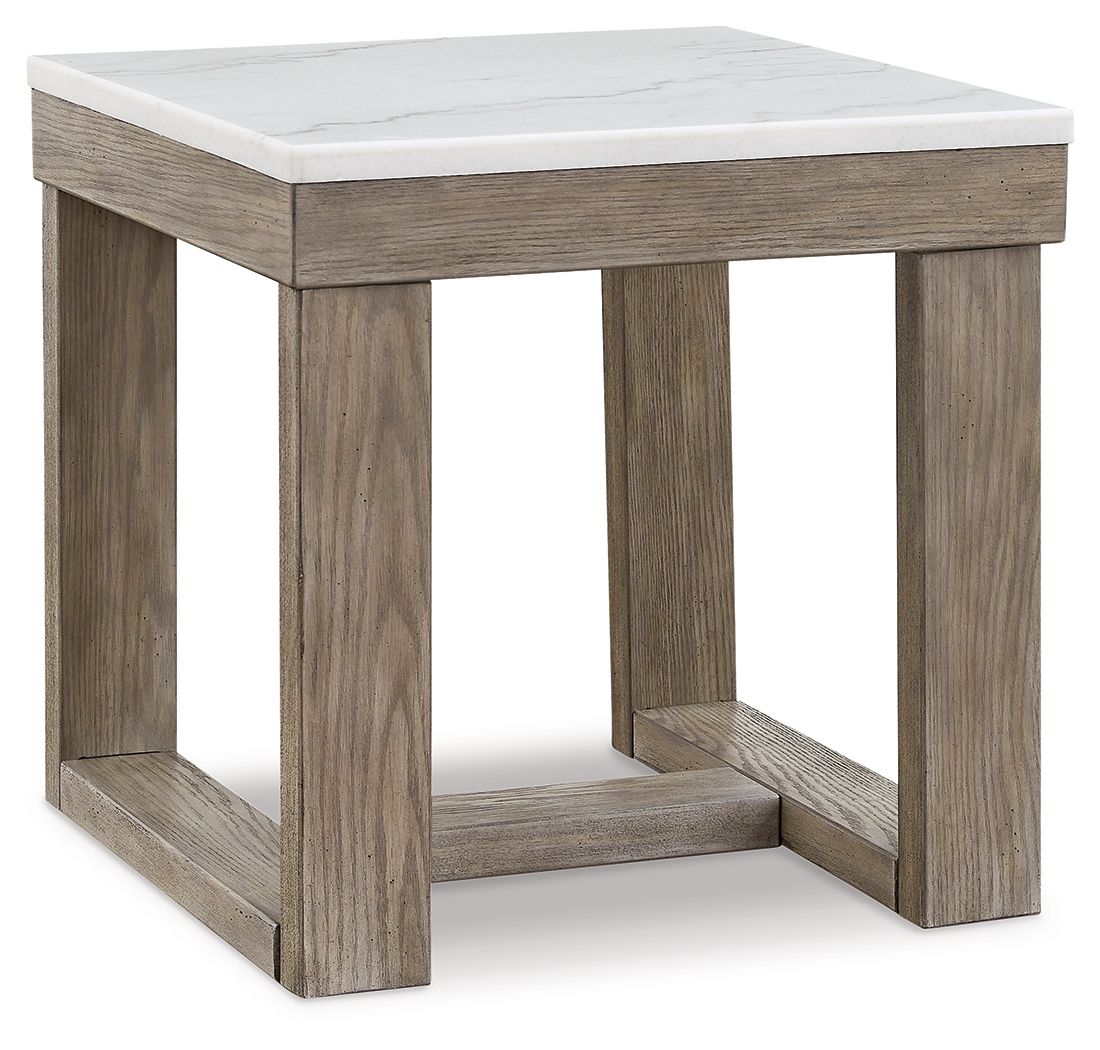Square end table with white marble-look top and distressed brown wood frame