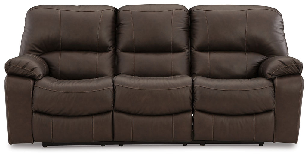 Leesworth dark brown reclining sofa with three padded headrests and wide armrests.