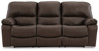 Leesworth dark brown reclining sofa with three padded headrests and wide armrests.