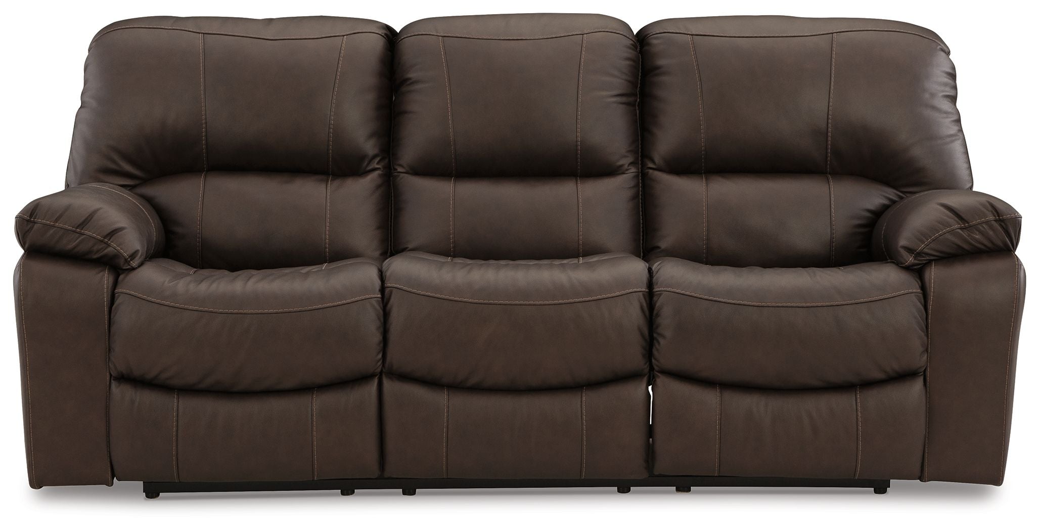 Leesworth dark brown reclining sofa with three padded headrests and wide armrests.